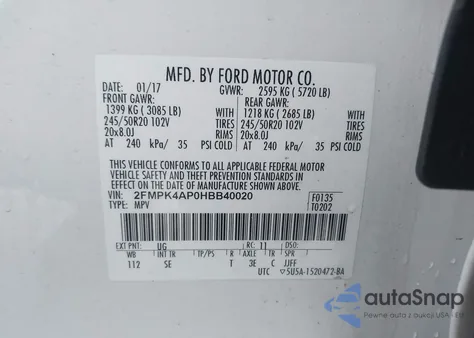 2017 Ford Edge Sport из США, поврежденный, VIN 2FMPK4AP0HBB40020